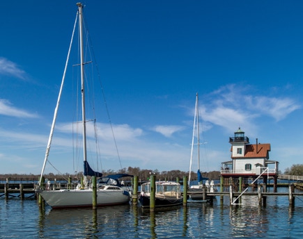 Sailboats and the old Roanoke River Light on the waterfront in Edenton, NC.